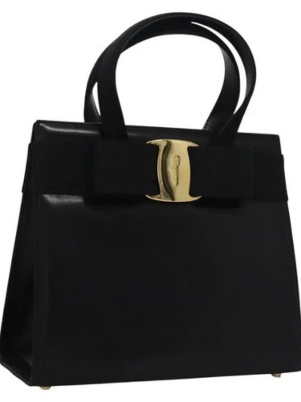 Salvatore Ferragamo Vala Hand Bag Leather Black Gold Auth bs23240